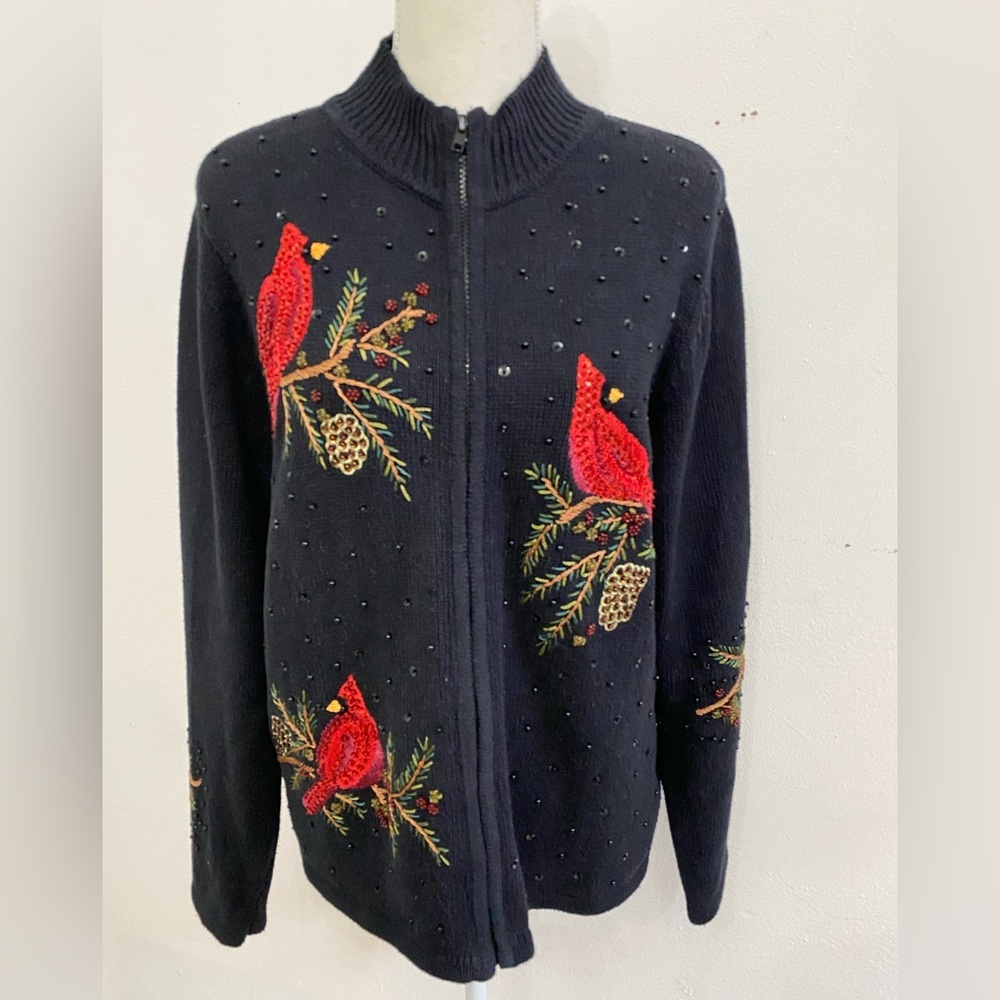 American Vintage black Cotton Cardigan with Red sequins Embroidery
